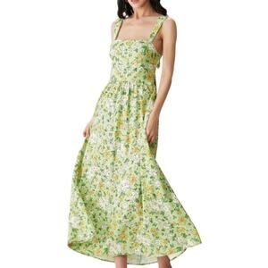 Rihoas M NEW Green Floral Backless Maxi Dress Elegant Tie Back Yellow Green